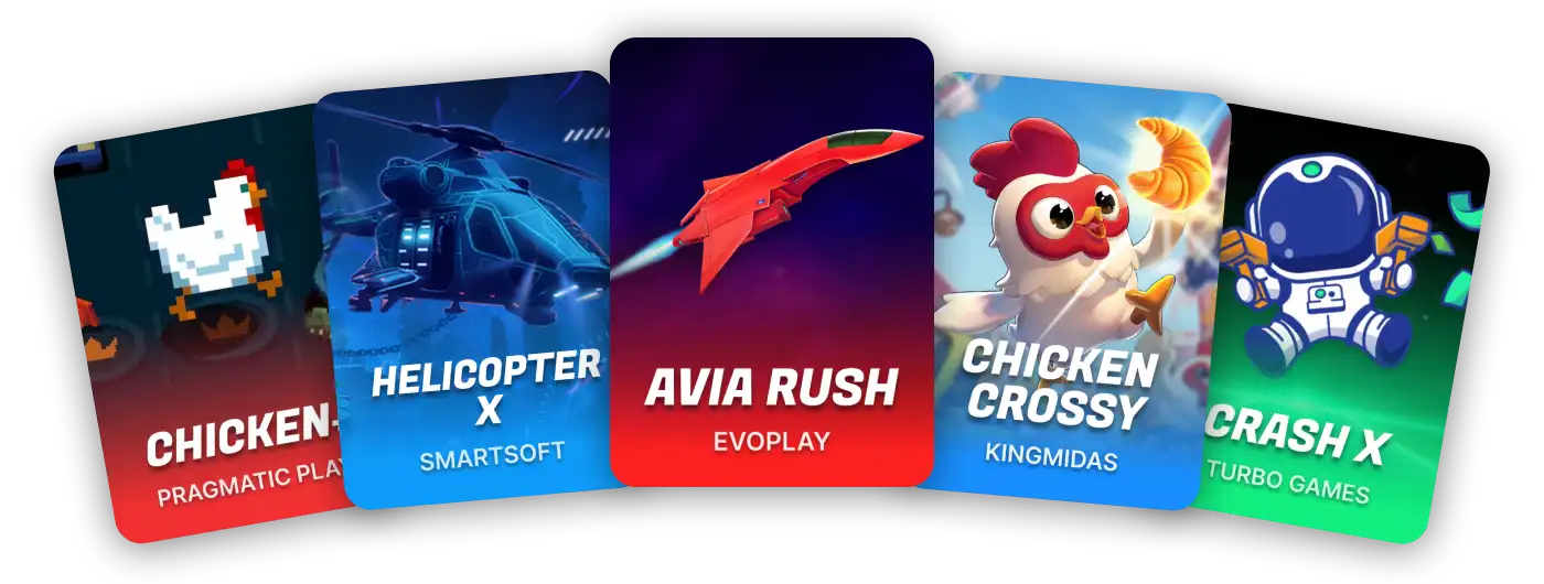 Five crash game thumbnails fanned out like a hand of cards: Helicopter X, Avia Rush, Chicken Crossy and Crash X.